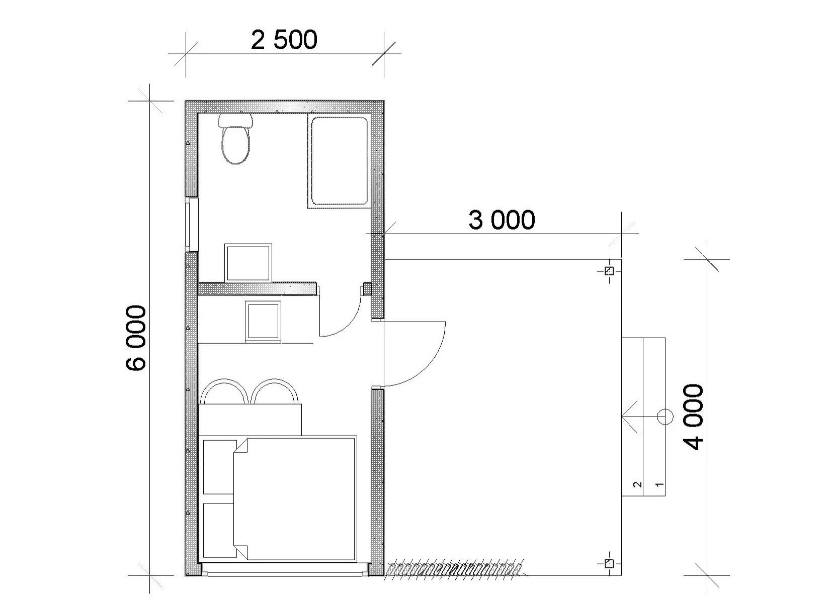 Планировка дома «Компакт»: 2,5 × 6 м (15 м²) + терраса 10 м²