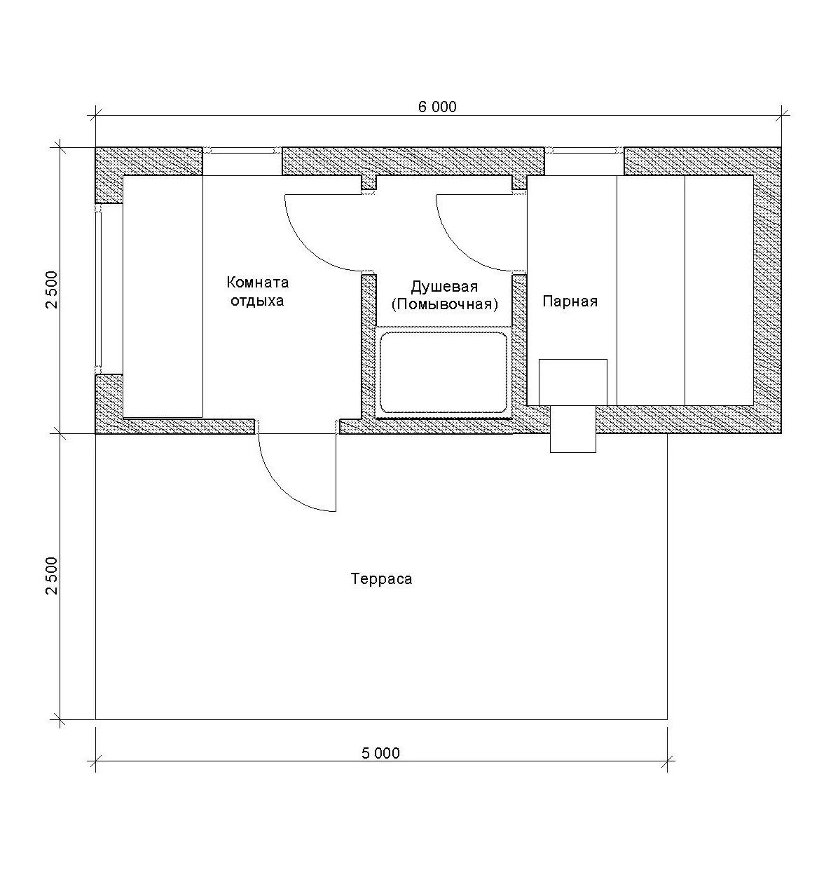 Планировка бани «Минимал»: 15 м² + терраса 12,5 м²