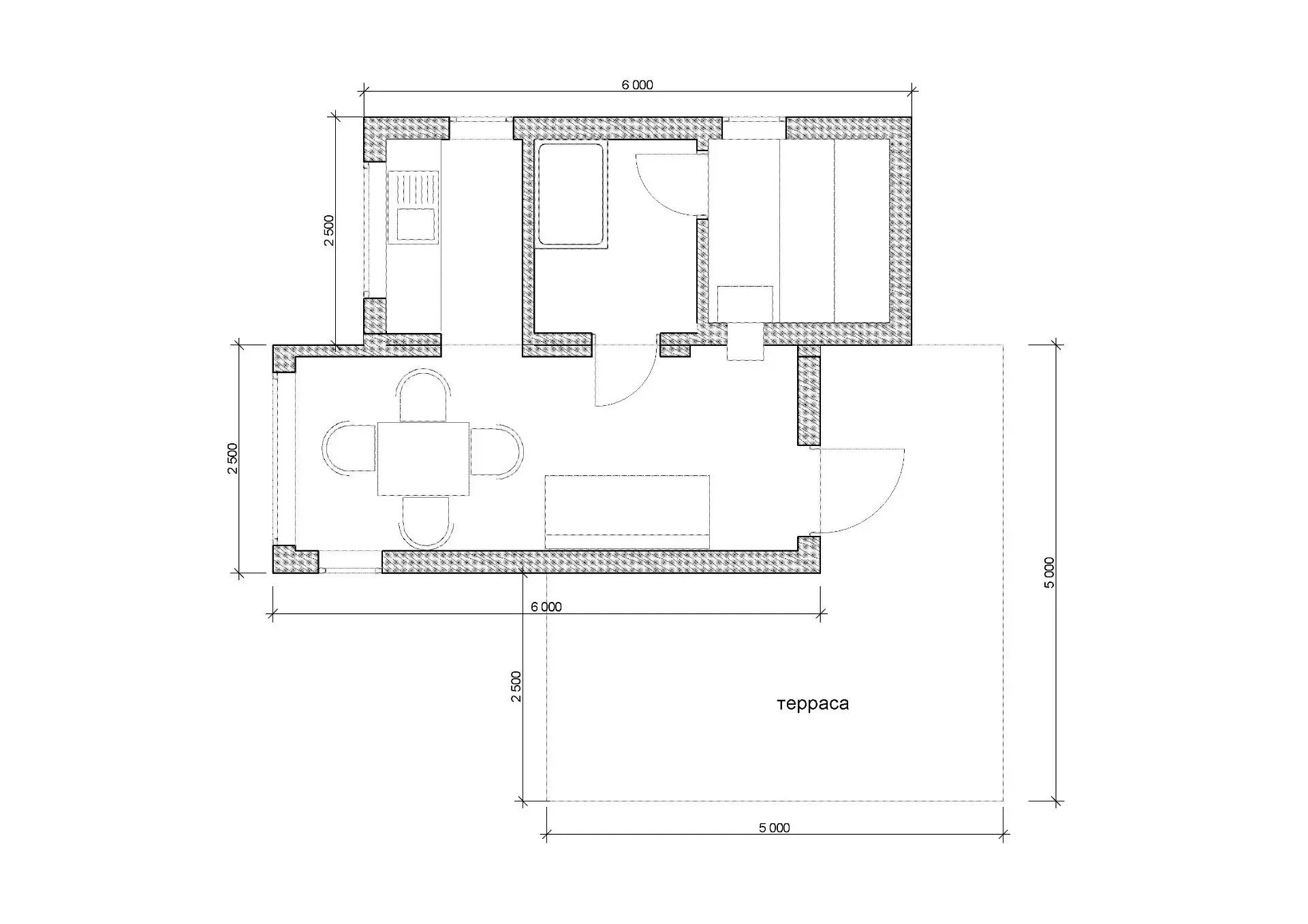Планировка бани «Оптима»: 6 × 2,5 м (15 м²) + терраса 5 × 2,5 м (12,5 м²)